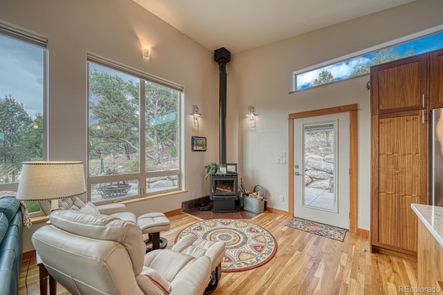 sitting room featuring light wood-type flooring and a wood stove