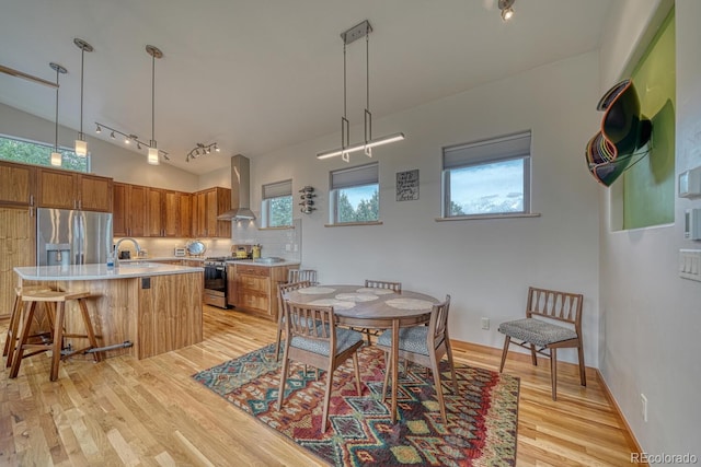 dining area with sink, track lighting, and light hardwood / wood-style flooring