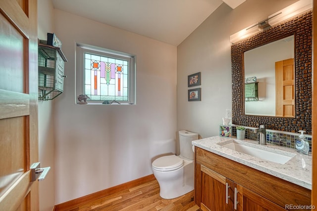 bathroom featuring hardwood / wood-style flooring, vanity, backsplash, and toilet