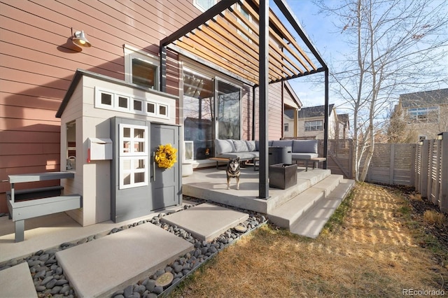 exterior space with a patio area, a fenced backyard, an outdoor living space, and a pergola