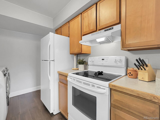 7318 S Xenia Cir Unit B, Centennial, CO 80112 - kitchen with white appliances, under cabinet range hood, light countertops, dark wood-style floors, and washing machine and dryer