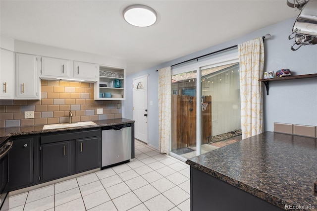 32 Powder Horn Pl, Longmont, CO 80504 - kitchen featuring open shelves, stainless steel dishwasher, dark countertops, white cabinets, and backsplash