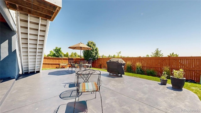 17114 Elati St, Broomfield, CO 80023 - fenced backyard with area for grilling, outdoor dining space, and a patio