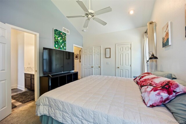 1884 Asoka St, Strasburg, CO 80136 - bedroom featuring multiple closets, ensuite bathroom, high vaulted ceiling, ceiling fan, and recessed lighting