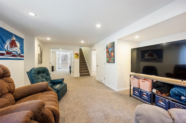 1884 Asoka St, Strasburg, CO 80136 - carpeted living area featuring recessed lighting and stairway