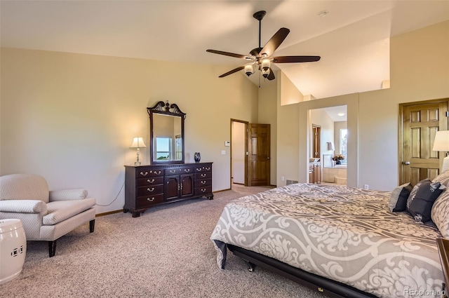 7855 Arundel Ln, Lone Tree, CO 80124 - bedroom featuring carpet floors, high vaulted ceiling, multiple windows, ceiling fan, and connected bathroom