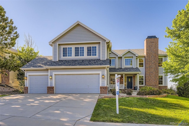 7855 Arundel Ln, Lone Tree, CO 80124 - view of front of property with brick siding, a front yard, concrete driveway, a chimney, and roof with shingles