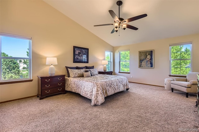 7855 Arundel Ln, Lone Tree, CO 80124 - carpeted bedroom with multiple windows, high vaulted ceiling, and ceiling fan