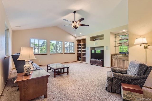 7855 Arundel Ln, Lone Tree, CO 80124 - living room featuring carpet floors, ceiling fan, built in features, and lofted ceiling
