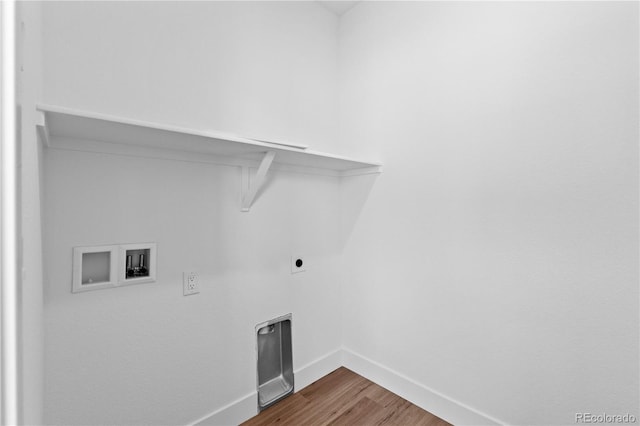 213 Washington St, Erie, CO 80516 - laundry room featuring washer hookup, baseboards, dark wood-style flooring, and hookup for an electric dryer