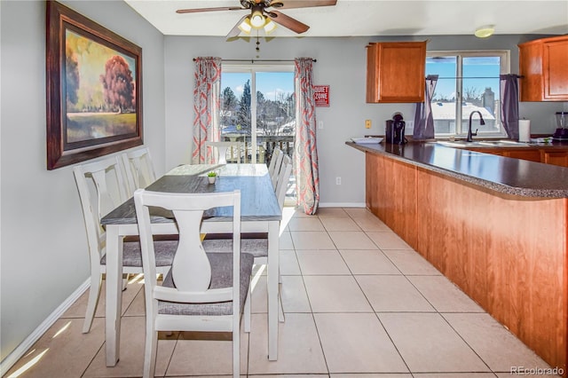 18971 E Mercer Dr, Aurora, CO 80013 - kitchen featuring a sink, ceiling fan, brown cabinets, and dark countertops