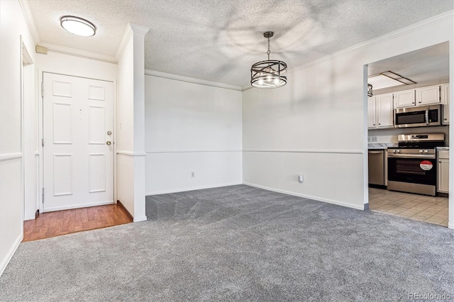 interior space featuring crown molding, light carpet, and a textured ceiling