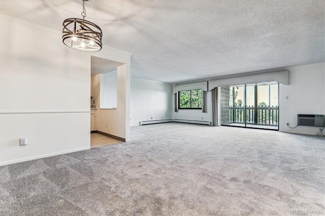 unfurnished living room featuring a textured ceiling, baseboard heating, light carpet, and a chandelier