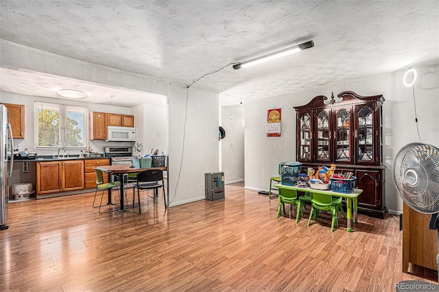 interior space with light wood-type flooring, a textured ceiling, and sink