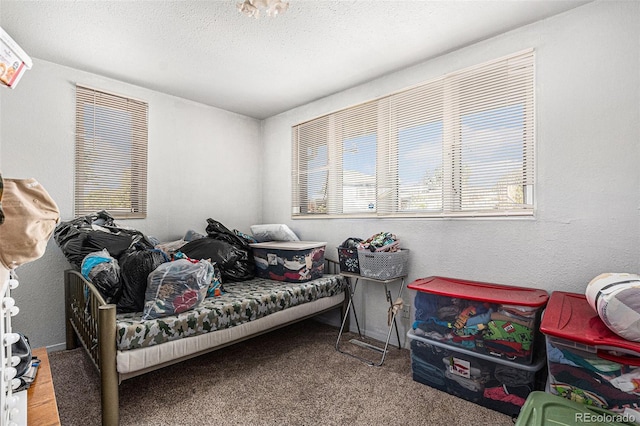 bedroom with carpet flooring and a textured ceiling