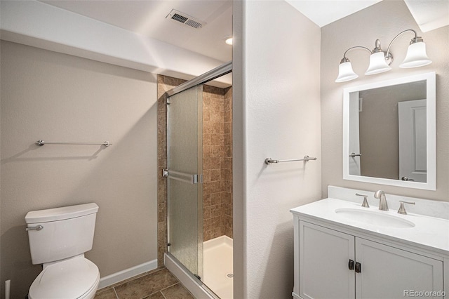 full bathroom featuring a shower stall, toilet, vanity, tile patterned floors, and baseboards