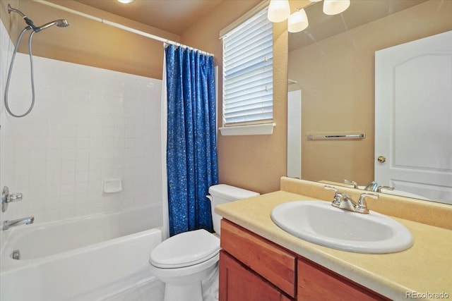 full bath featuring toilet, shower / tub combo, and vanity