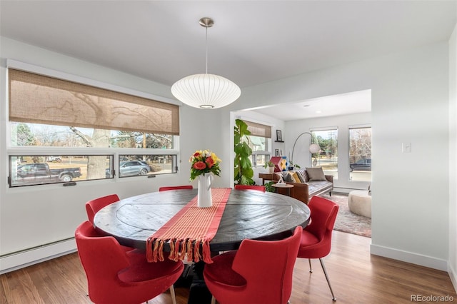 dining area with baseboards, baseboard heating, and wood finished floors