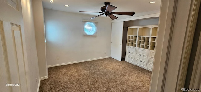 unfurnished bedroom with carpet floors, recessed lighting, a closet, and baseboards