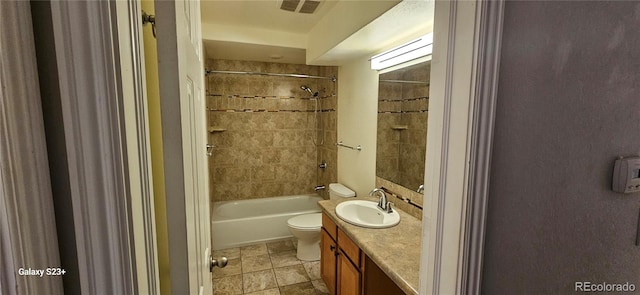 full bathroom with toilet, visible vents,  shower combination, and vanity