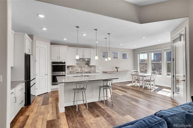 kitchen with under cabinet range hood, dark wood-style floors, double oven, and tasteful backsplash