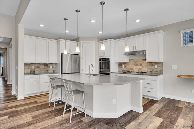 kitchen featuring dark wood-style floors, a center island with sink, a sink, stainless steel appliances, and under cabinet range hood