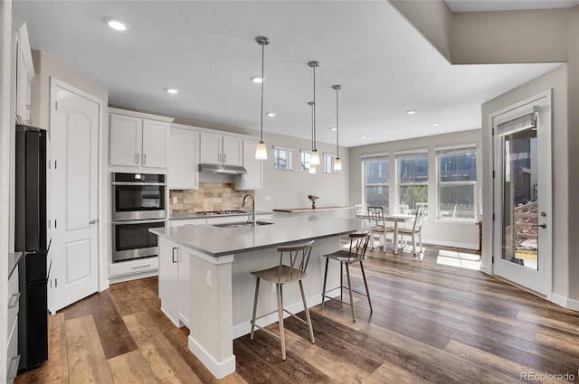 kitchen with dark wood finished floors, an island with sink, decorative backsplash, appliances with stainless steel finishes, and under cabinet range hood