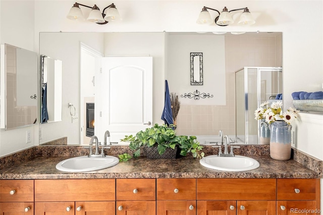 bathroom featuring walk in shower and vanity