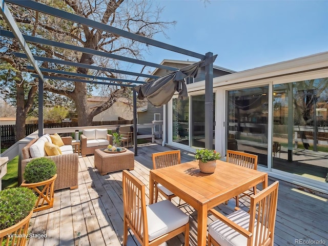 5945 W Morraine Ave, Littleton, CO 80128 - wooden terrace with a pergola, outdoor dining area, and outdoor lounge area