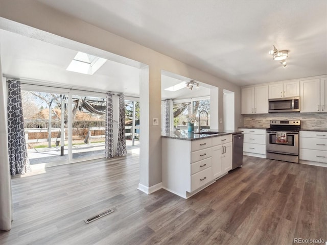 5945 W Morraine Ave, Littleton, CO 80128 - kitchen featuring visible vents, a skylight, appliances with stainless steel finishes, a sink, and backsplash