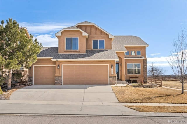 craftsman house with a garage, concrete driveway, stone siding, roof with shingles, and stucco siding