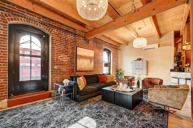 living room featuring hardwood / wood-style floors, beam ceiling, wood ceiling, and brick wall