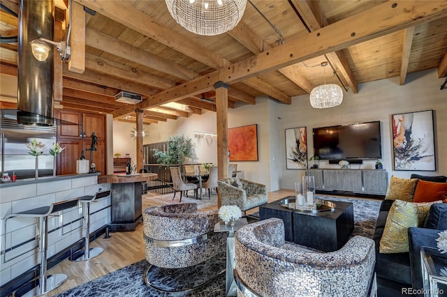 living room with beam ceiling, a notable chandelier, and wood ceiling