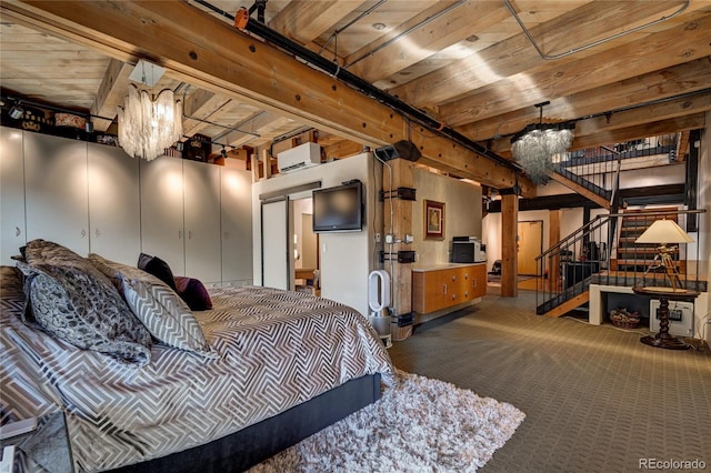 carpeted bedroom with beamed ceiling, wood ceiling, and a chandelier