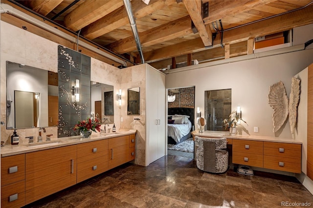 bathroom with vanity, beam ceiling, and wood ceiling