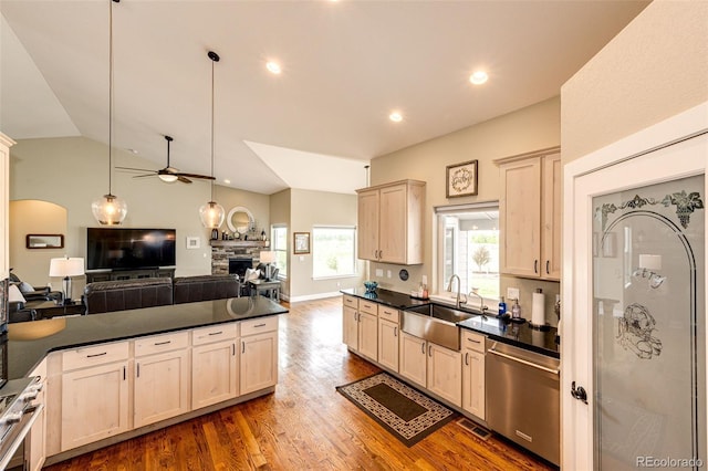 196 W 8th Ave, Byers, CO 80103 - kitchen with dishwasher, dark countertops, a stone fireplace, a ceiling fan, and a sink