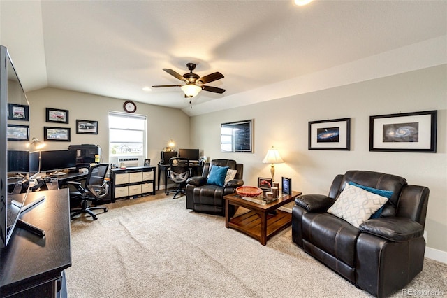 196 W 8th Ave, Byers, CO 80103 - office featuring light colored carpet, ceiling fan, vaulted ceiling, and baseboards