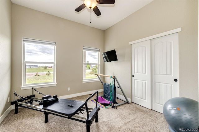 196 W 8th Ave, Byers, CO 80103 - exercise room featuring carpet floors, ceiling fan, and baseboards