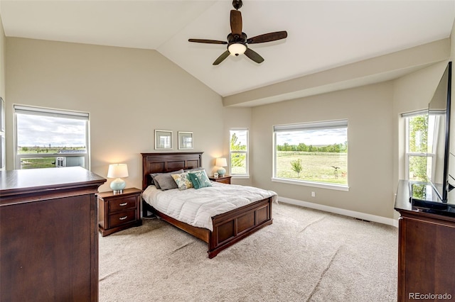 196 W 8th Ave, Byers, CO 80103 - bedroom with light carpet, lofted ceiling, baseboards, and a ceiling fan