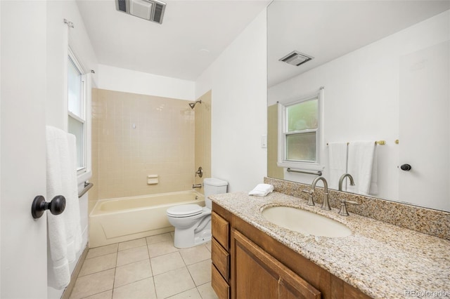 bathroom with toilet, tile patterned floors, tub / shower combination, and vanity