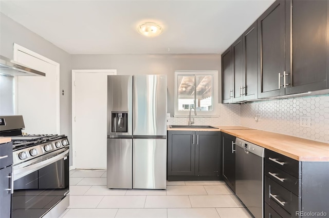 kitchen with tasteful backsplash, under cabinet range hood, appliances with stainless steel finishes, wood counters, and a sink