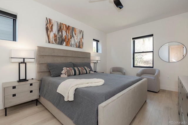 bedroom featuring multiple windows and light wood-type flooring