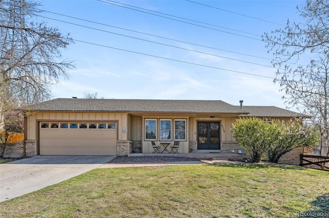 6735 E Lake Cir, Centennial, CO 80111 - ranch-style house with an attached garage, driveway, french doors, brick siding, and a front yard