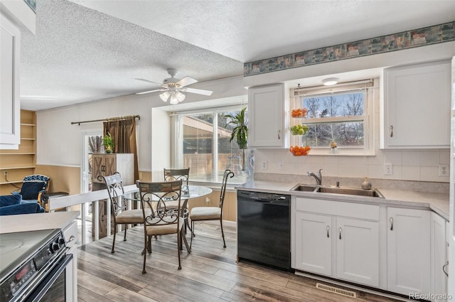 6735 E Lake Cir, Centennial, CO 80111 - kitchen with a sink, a textured ceiling, black dishwasher, ceiling fan, and range