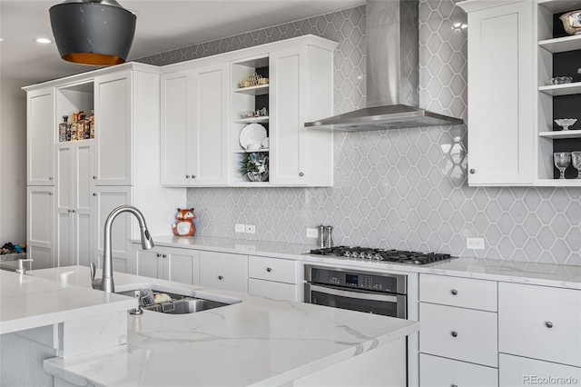 11023 Pastel Pt, Parker, CO 80134 - kitchen with wall chimney range hood, open shelves, appliances with stainless steel finishes, a sink, and white cabinetry