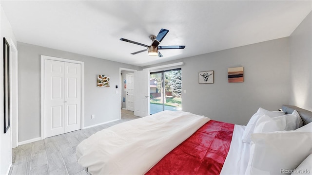 bedroom with access to exterior, ceiling fan, and light wood-type flooring