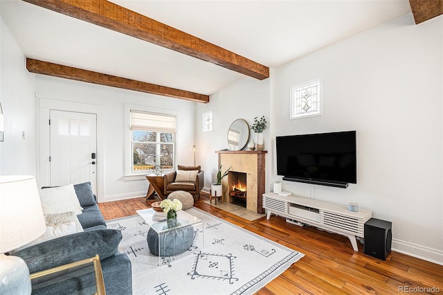 living room with wood-type flooring and beam ceiling