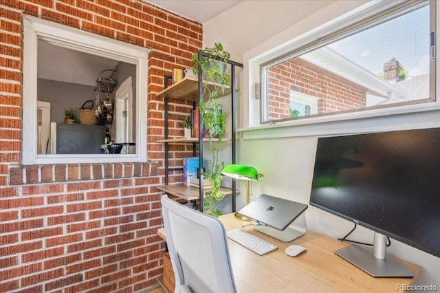 3622 Lowell Blvd, Denver, CO 80211 - home office featuring brick wall and wood finished floors