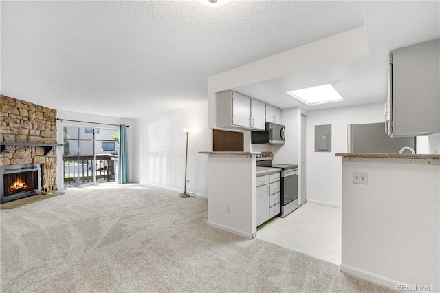 1758 S Pitkin Cir Unit A, Aurora, CO 80017 - kitchen with stainless steel appliances, light carpet, a stone fireplace, electric panel, and open floor plan