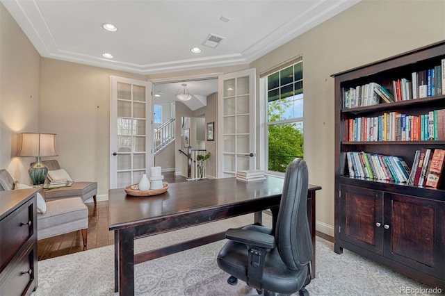 10365 Prairie Sky Pl, Lone Tree, CO 80124 - home office with light wood-style floors, recessed lighting, and french doors